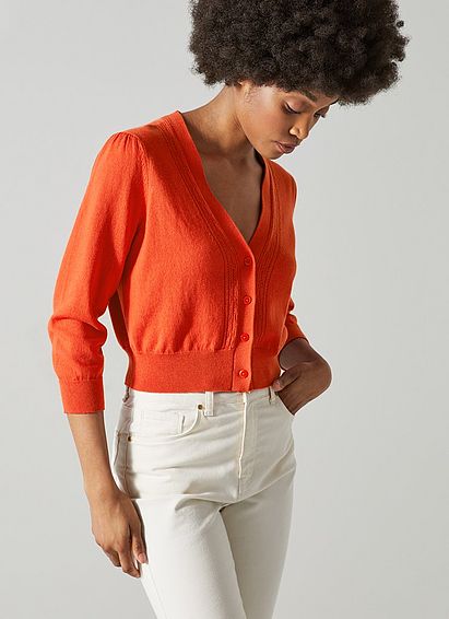 Leonora Red Cotton-Wool Pointelle Trim Cardigan