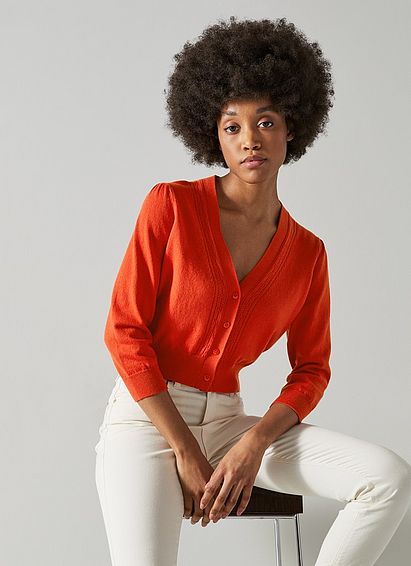 Leonora Red Cotton-Wool Pointelle Trim Cardigan