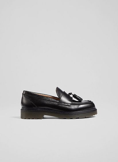 Elena Black Leather Tassel-Detail Chunky Loafers