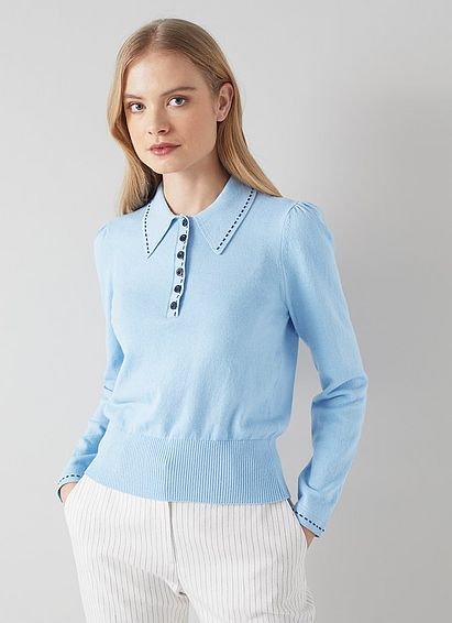Liv Pale Blue Cotton-Merino Wool Collared Jumper