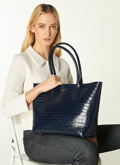 Lacey Navy Croc-Effect Leather Tote Bag