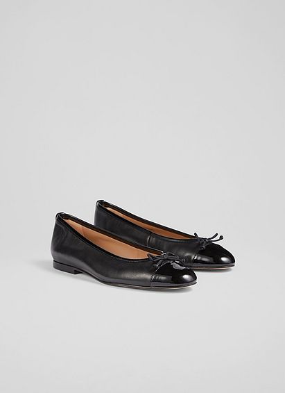 Kara Black Leather and Patent Toe Cap Ballerina Flats