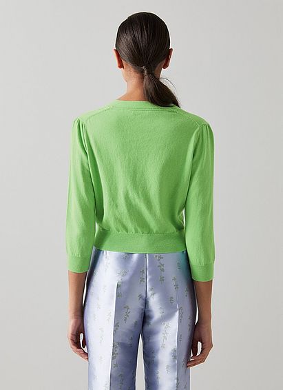 Leonora Green Cotton-Wool Pointelle Trim Cardigan