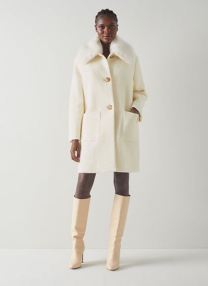 Aster Cream Wool-Blend Boucl�� Faux Fur Collar Coat