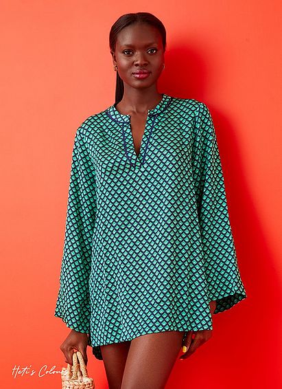 Lucia Green and Navy Geometric Print Kaftan Top