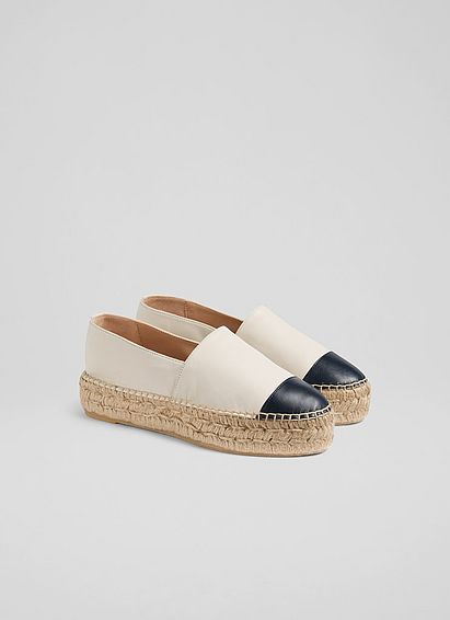 Talia Cream and Navy Leather Flatform Espadrilles