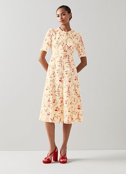 Montana Cream Botanical Print Silk Tea Dress