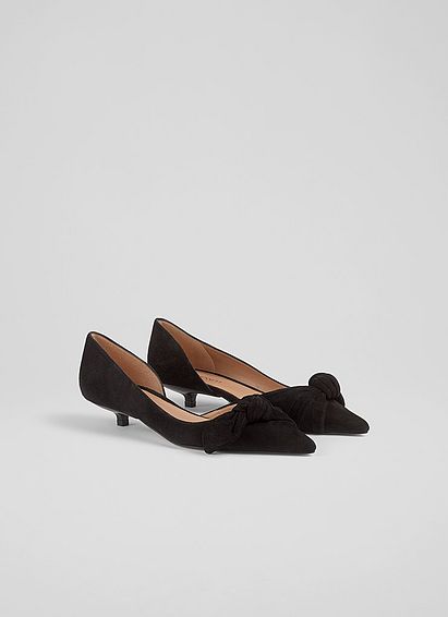 Lily Black Suede Bow Front Kitten Heel Courts