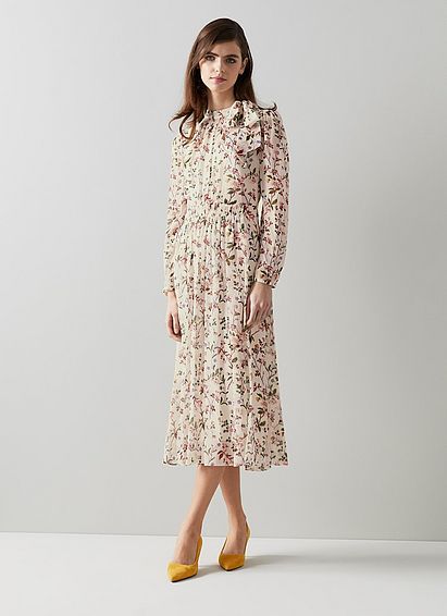Gish Cream Silk Apple Blossom Print Dress