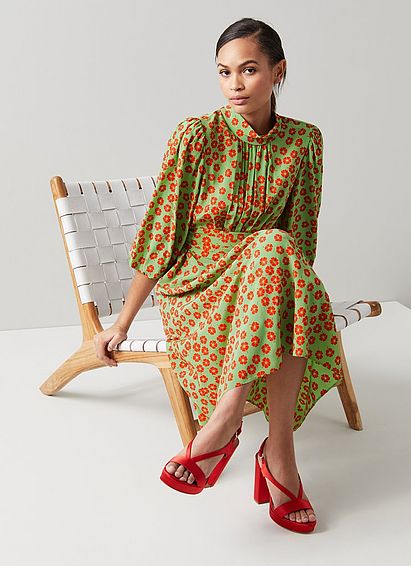 Tamara Mint and Red Blossom Print Silk Dress