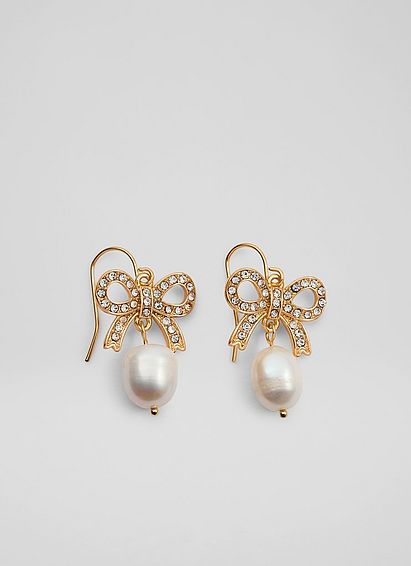 Victoria Gold Bow Pearl Drop Earrings