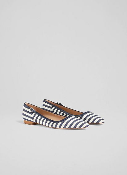 Andrea Navy and Cream Stripe Fabric Flats
