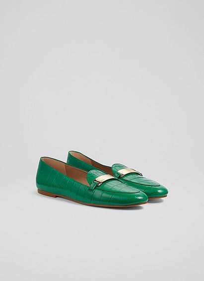 Primrose Green Croc-Effect Leather Loafers