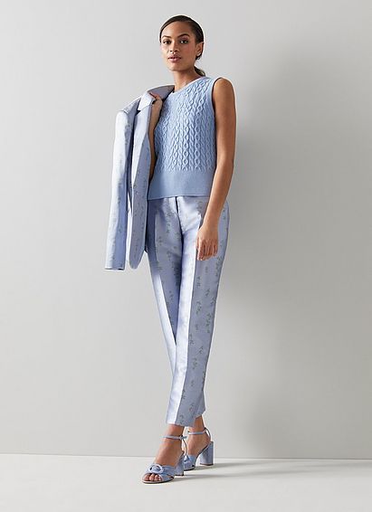 Rosalind Blue Satin Floral Jacquard Trousers