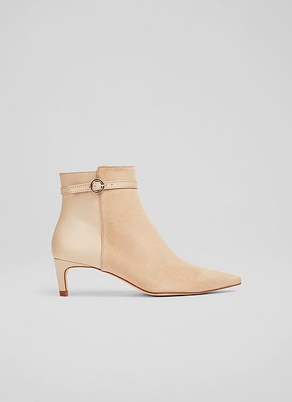Alma Beige Suede and Leather Buckle-Detail Ankle Boots