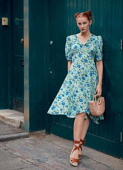 Pami Green Romance Floral Silk Dress