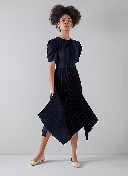 Aveline Navy Pleated Asymmetric Hem Dress