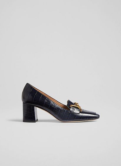 Samantha Navy Croc-Effect Leather Snaffle-Detail Courts