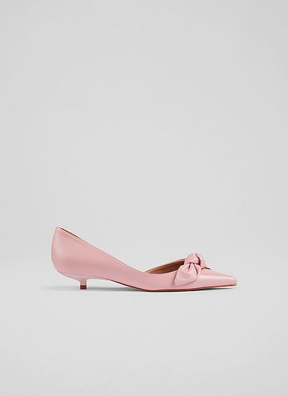 Lily Pink Leather Bow Front Kitten Heel Courts