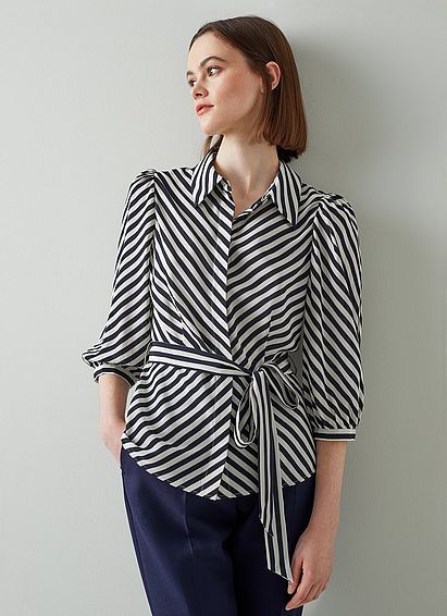 Cass Navy and Cream Stripe Silk Blouse