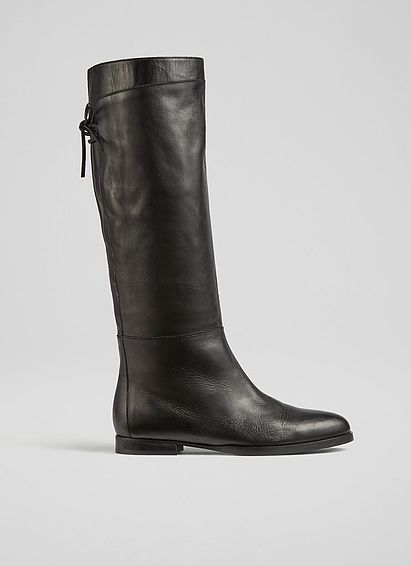 Cassandra Black Leather Flat Knee-High Boots
