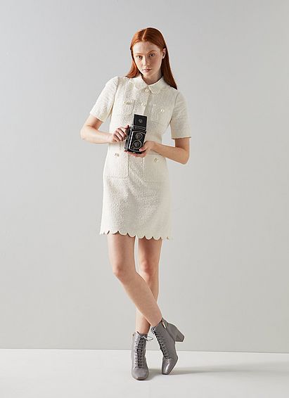 Venetia Cream Tweed Scallop Edge Dress