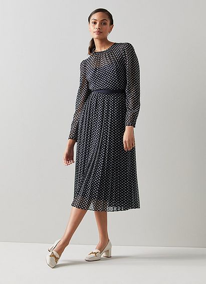 Avery Navy and Cream Mini Bow Print Pleated Midi Dress