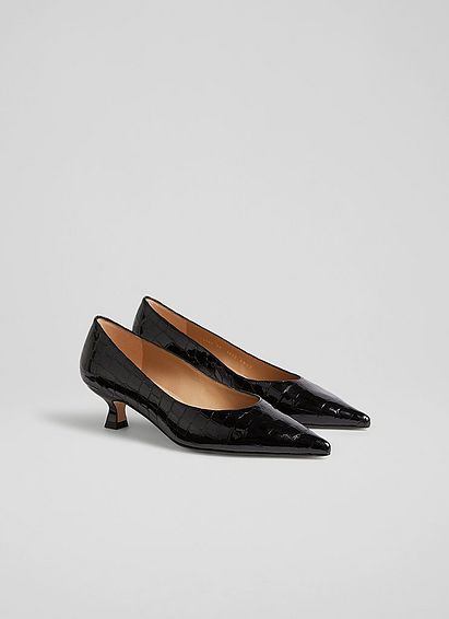 Dakota Black Croc-Effect Patent Leather Kitten Heel Courts