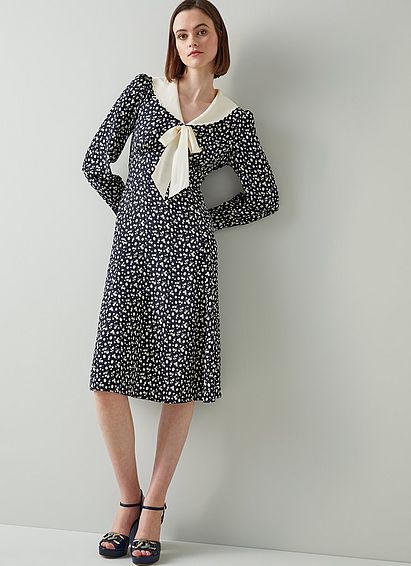 Brix Navy and Cream Fruity Floral Scallop Collar Silk Dress