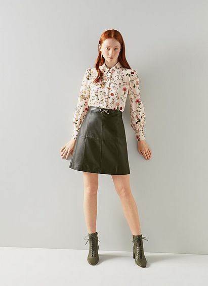Aubree Dark Green Leather A-Line Skirt
