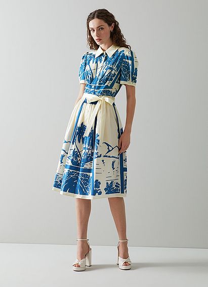Fellini Blue and Cream Tropical Print Cotton Shirt Dress