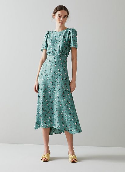Boyd Teal Silk Jacquard Scattered Rose Print Dress