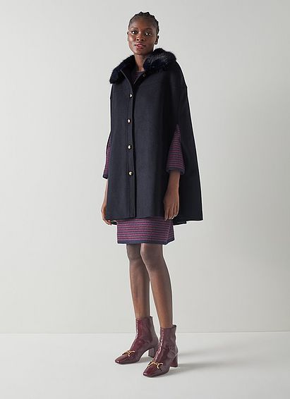 Myrtle Navy Recycled Wool-Blend Faux Fur Cape