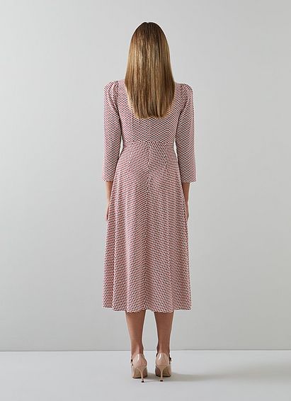 Gabrielle Red And Cream Graphic Print Silk Midi Dress