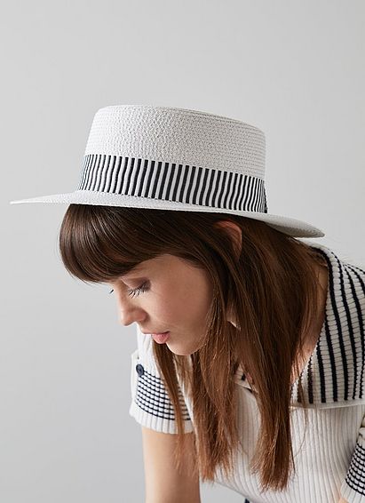 Dina White and Navy Raffia Boater Hat