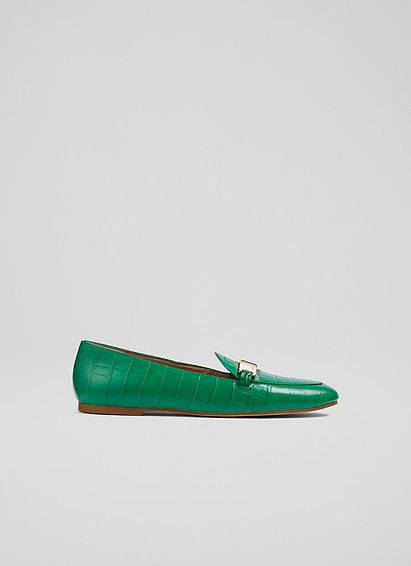 Primrose Green Croc-Effect Leather Loafers
