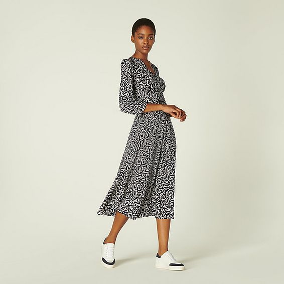 Gabrielle Navy and Cream Coral Print Stretch Silk Dress