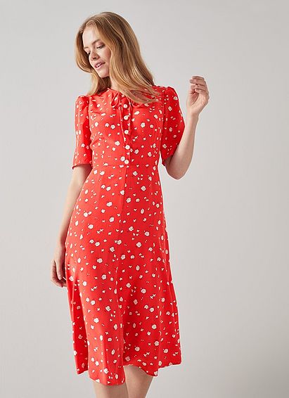 Montana Red Naive Flower Print Silk Tea Dress