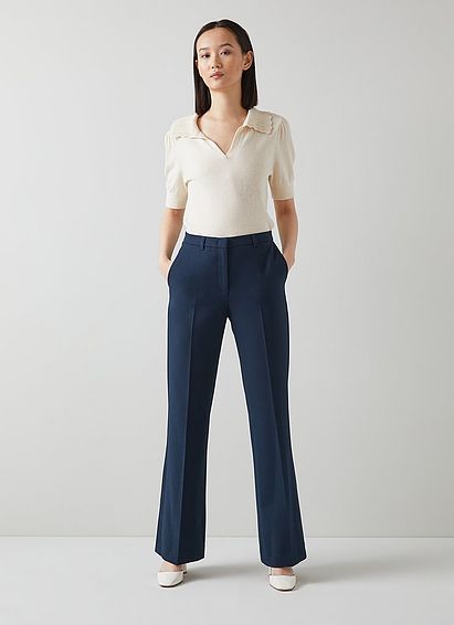 Halina Navy Crepe Flared Tailored Trousers