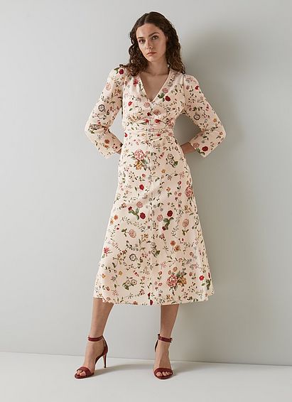 Gabrielle Cream Camelia Print Silk Midi Dress