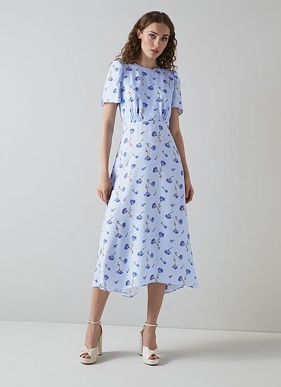 Boyd Blue Cornflower Print Silk Midi Dress