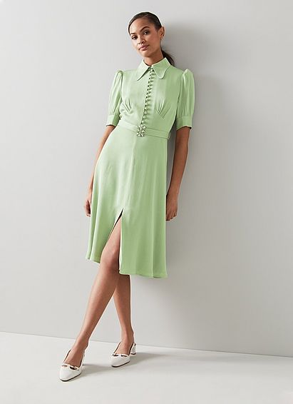 Amor Green Satin Crepe Crystal Belt Dress