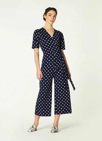 Ellen Navy Spot Print Jersey Jumpsuit