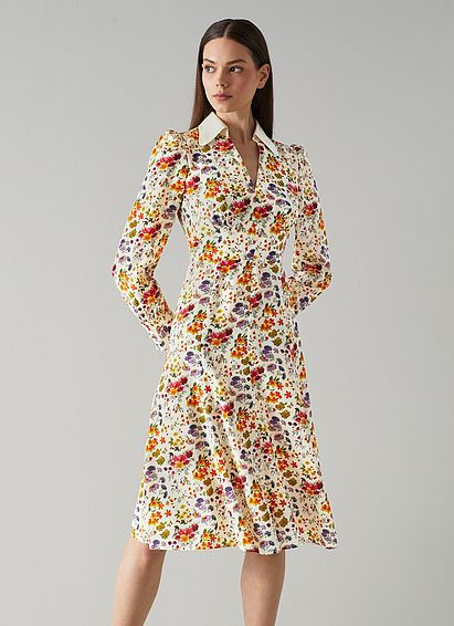 Flo Meadow Print Contrast Collar Silk Dress