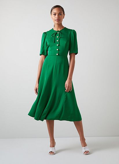 Montana Green Satin Crepe Tea Dress