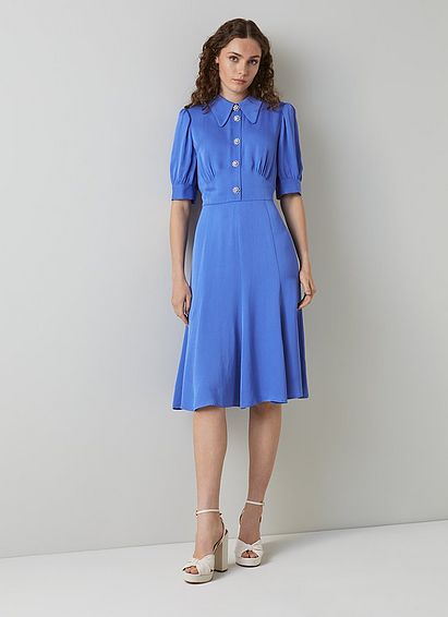 Esme Blue Crepe Crystal Button Tea Dress