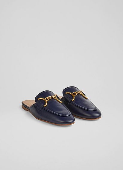 Connie Navy Leather Snaffle-Detail Backless Loafers
