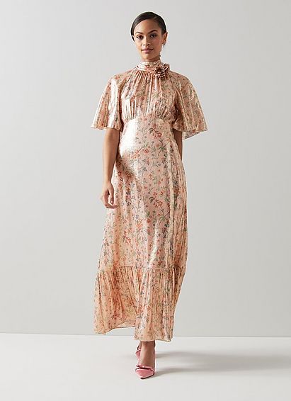 Margot Pink Silk Apple Blossom Print Maxi Dress