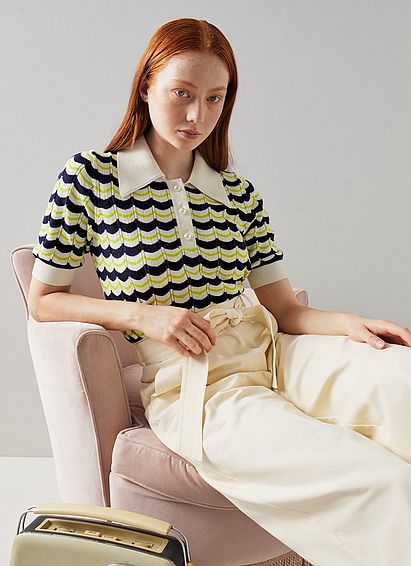 Amanda Navy and Cream Scallop Stitch Cotton-Wool Knitted Top