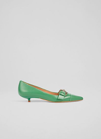 Lianna Green Leather Kitten Heel Courts